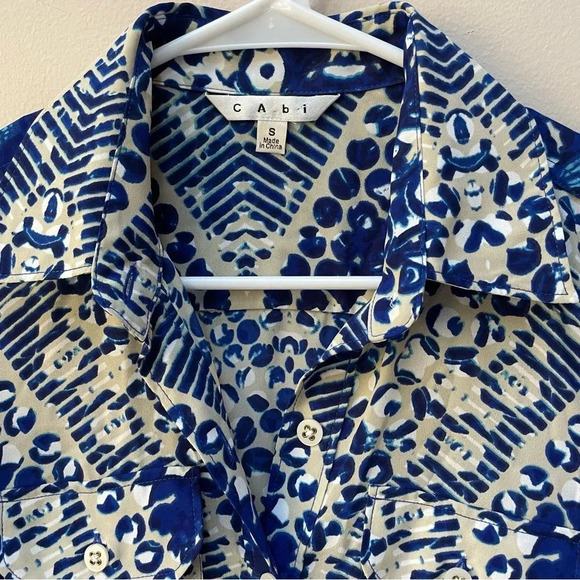 Cabi Style 422 Blue Jewel Print Button Down Shirt Dress Roll Tab Sleeve Size S - Picture 7 of 12